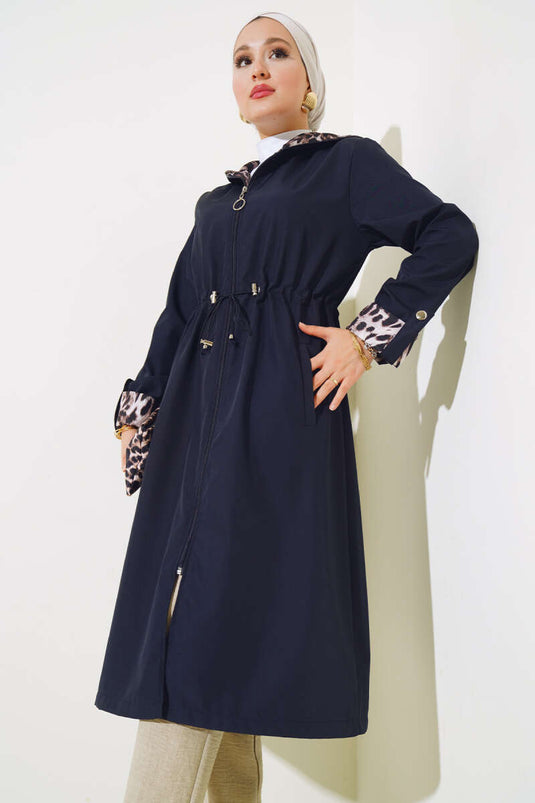 Leopard Detailed Waist Tunnel Trench Coat Navy Blue