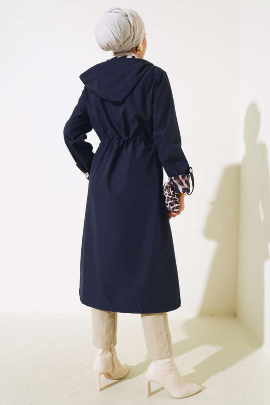 Leopard Detailed Waist Tunnel Trench Coat Navy Blue