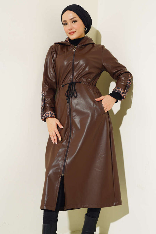 Leopard Detailed Hooded Long Leather Trench Coat Brown