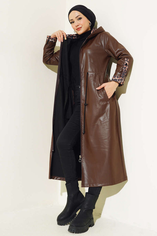 Leopard Detailed Hooded Long Leather Trench Coat Brown