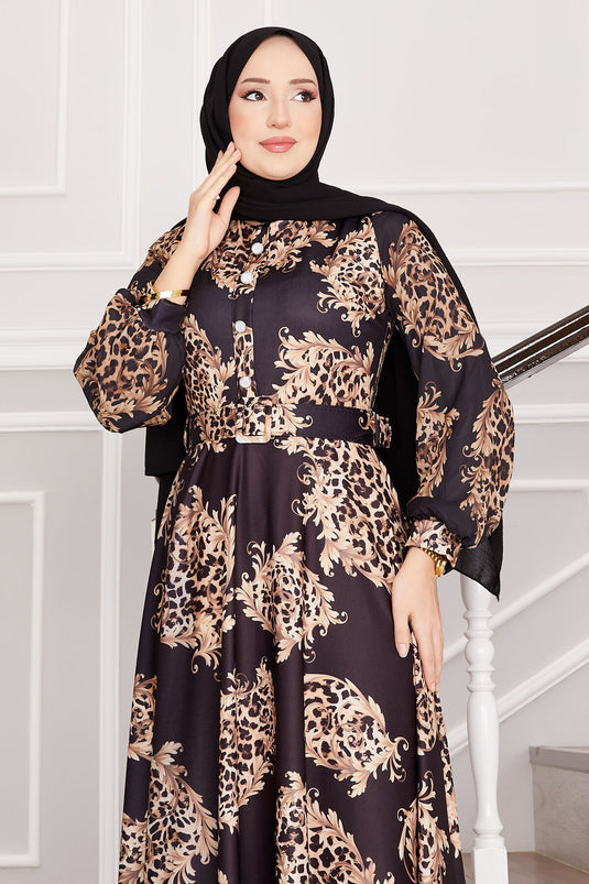 Hijab-Kleid mit Leopardendetail in Schwarz