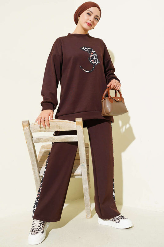 طقم غوص من قطعتين بنقشة جلد النمر، بني