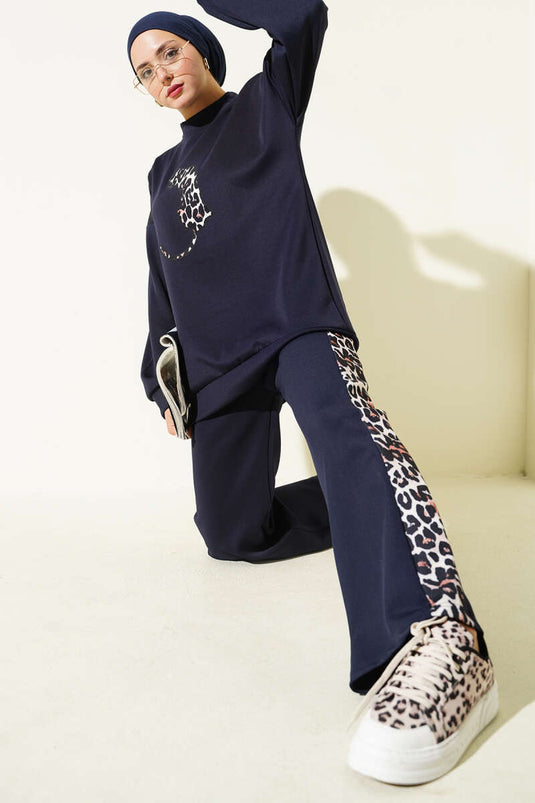 Leopard Figured Scuba Two Piece Suit Navy Blue