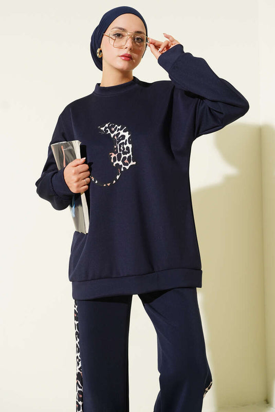 Leopard Figured Scuba Two Piece Suit Navy Blue