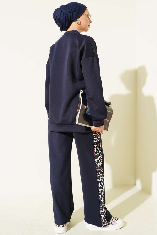 Leopard Figured Scuba Two Piece Suit Navy Blue