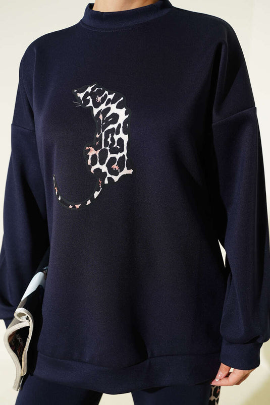 Leopard Figured Scuba Two Piece Suit Navy Blue