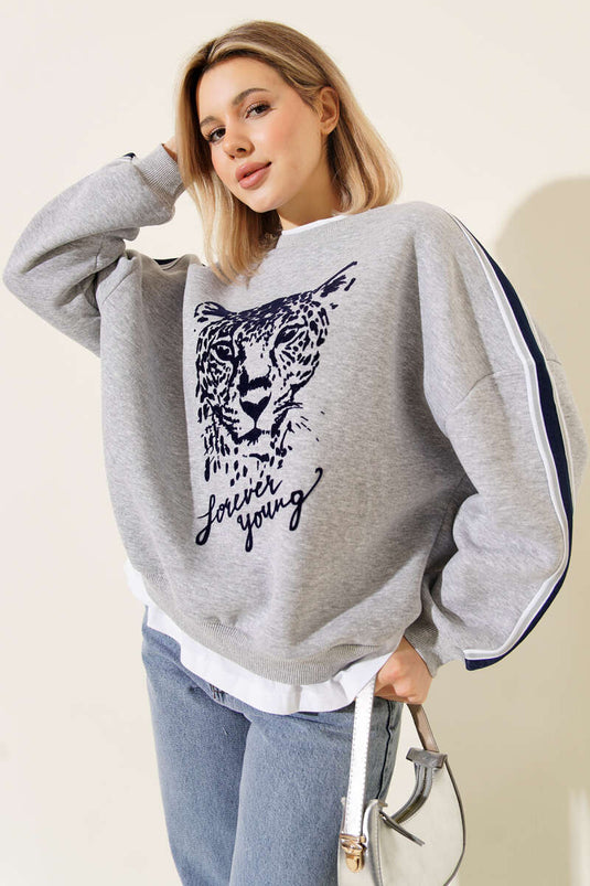 Gray Triple Thread Sweatshirt with Leopard Pattern