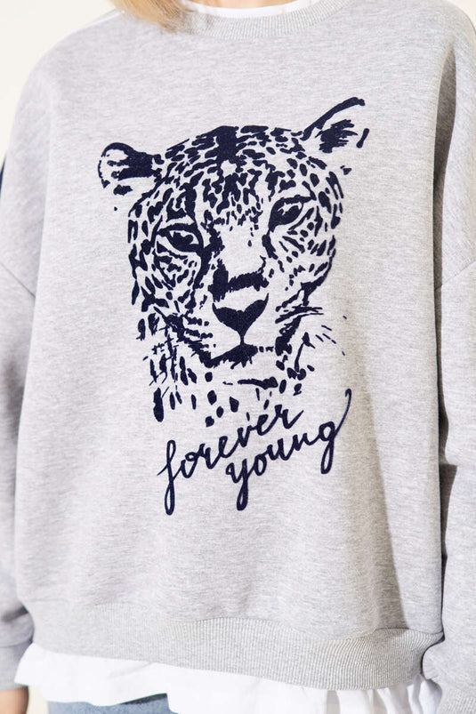 Gray Triple Thread Sweatshirt with Leopard Pattern