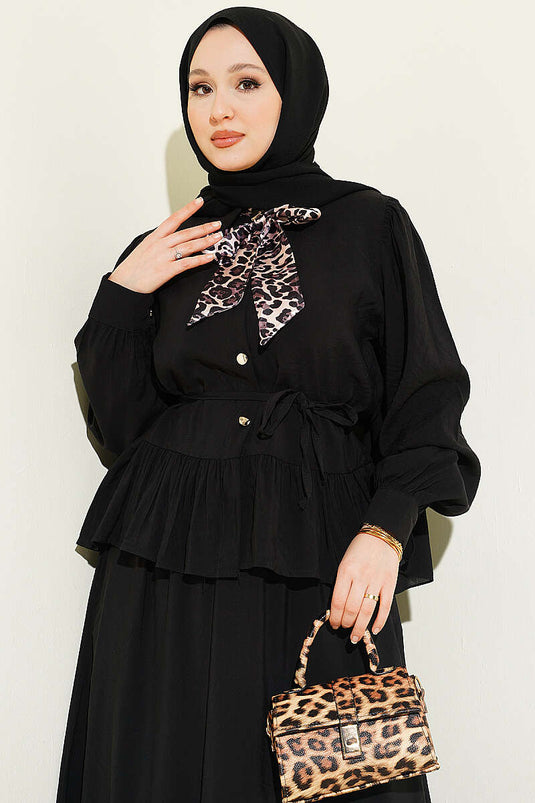 Completo doppio con gonna in modal e foulard leopardato nero