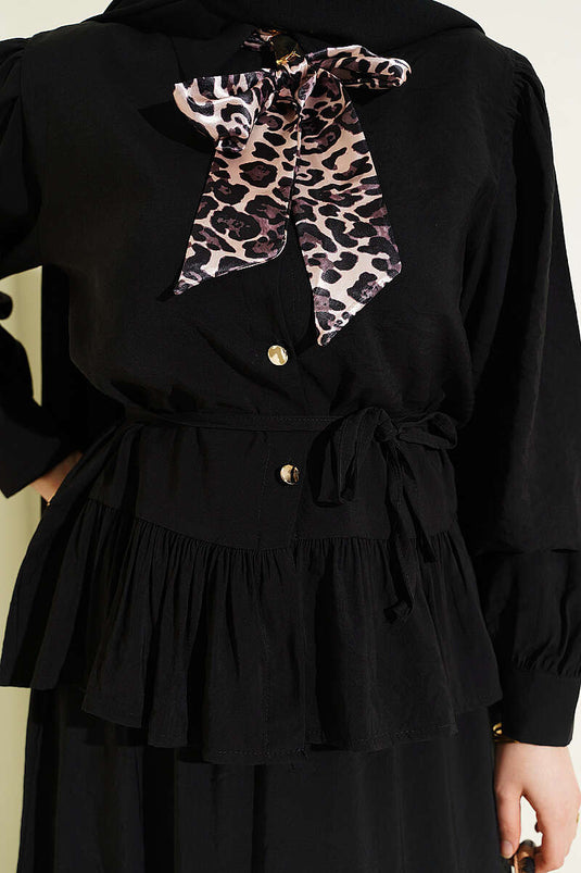 Completo doppio con gonna in modal e foulard leopardato nero