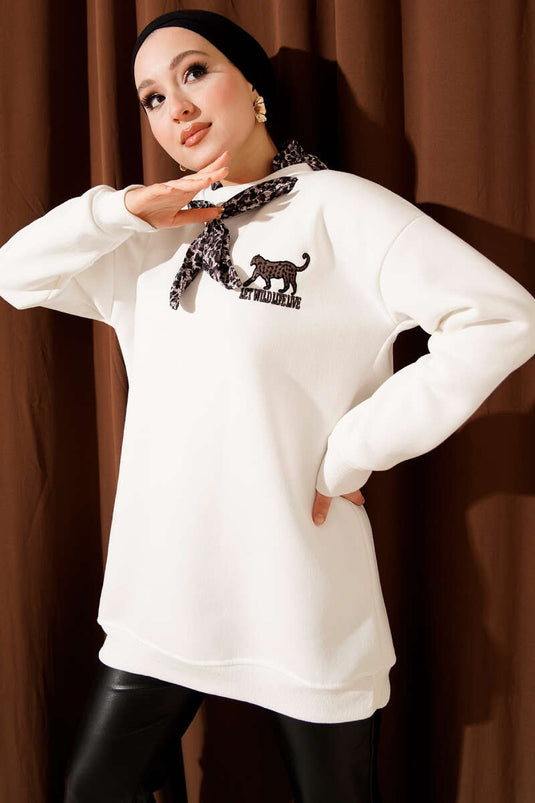 Leopar Fularlı Üç İplik Tunik Ekru