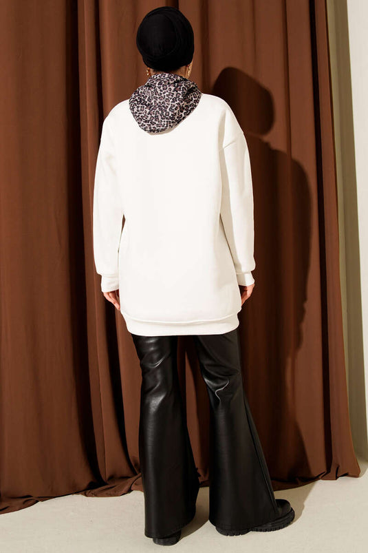 Leopar Fularlı Üç İplik Tunik Ekru