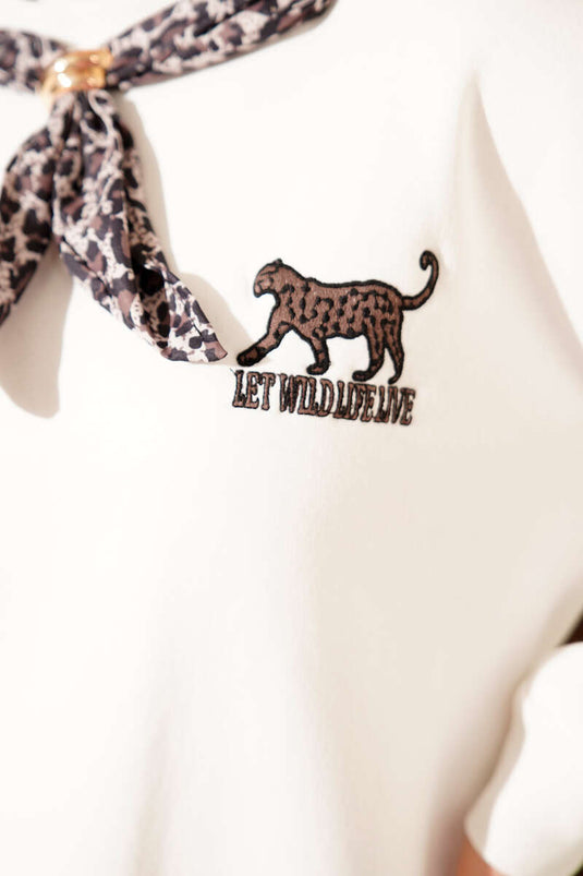 Leopar Fularlı Üç İplik Tunik Ekru