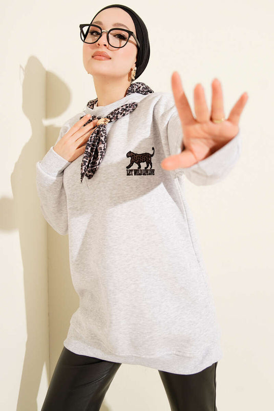 Leopar Fularlı Üç İplik Tunik Gri