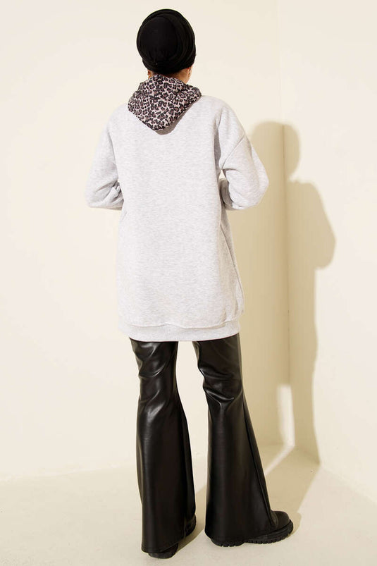 Leopar Fularlı Üç İplik Tunik Gri