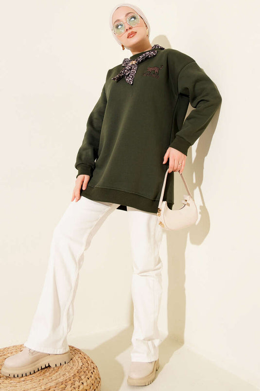 Leopar Fularlı Üç İplik Tunik Haki