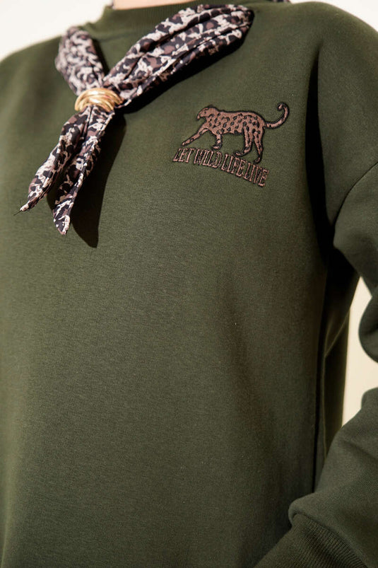 Leopar Fularlı Üç İplik Tunik Haki