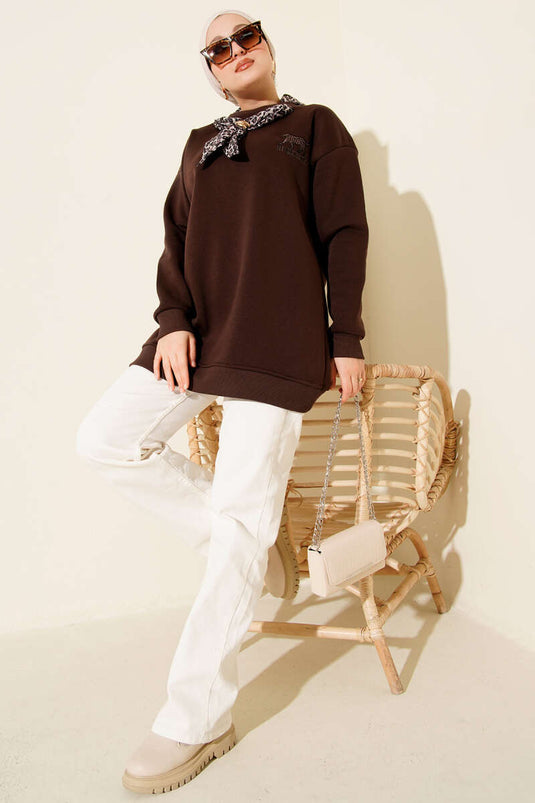 Leopar Fularlı Üç İplik Tunik Kahve