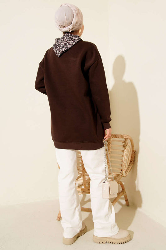 Leopar Fularlı Üç İplik Tunik Kahve