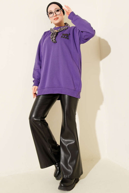 Leopar Fularlı Üç İplik Tunik Mor