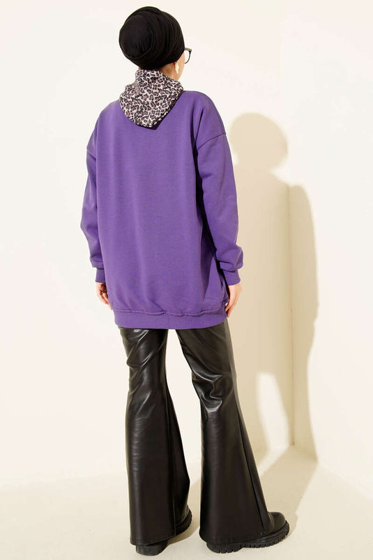 Leopar Fularlı Üç İplik Tunik Mor