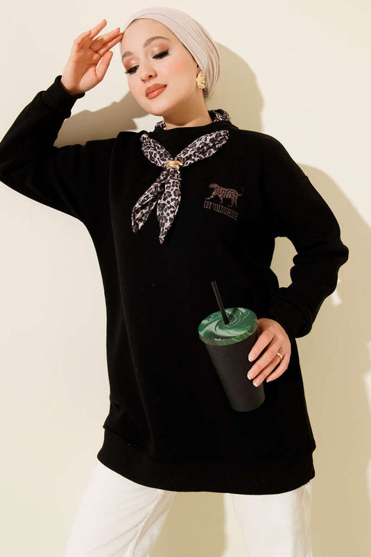 Leopar Fularlı Üç İplik Tunik Siyah