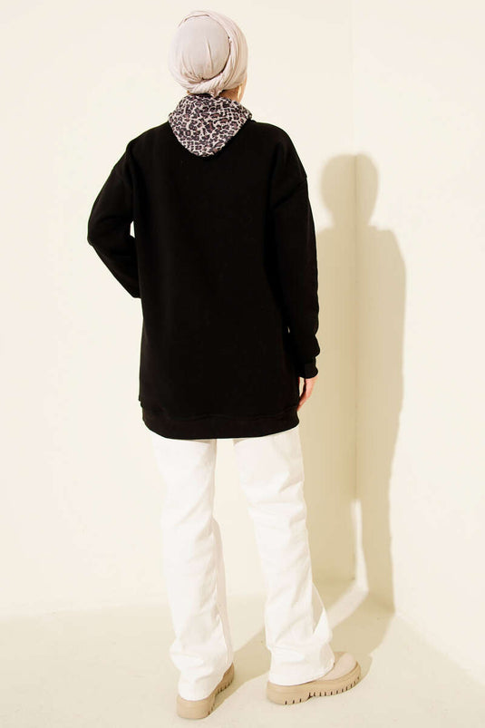 Leopar Fularlı Üç İplik Tunik Siyah