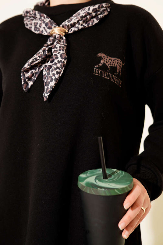 Leopar Fularlı Üç İplik Tunik Siyah