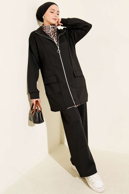 بدلة غوص من قطعتين بسحاب وطبعة جلد النمر من المنك الأسود