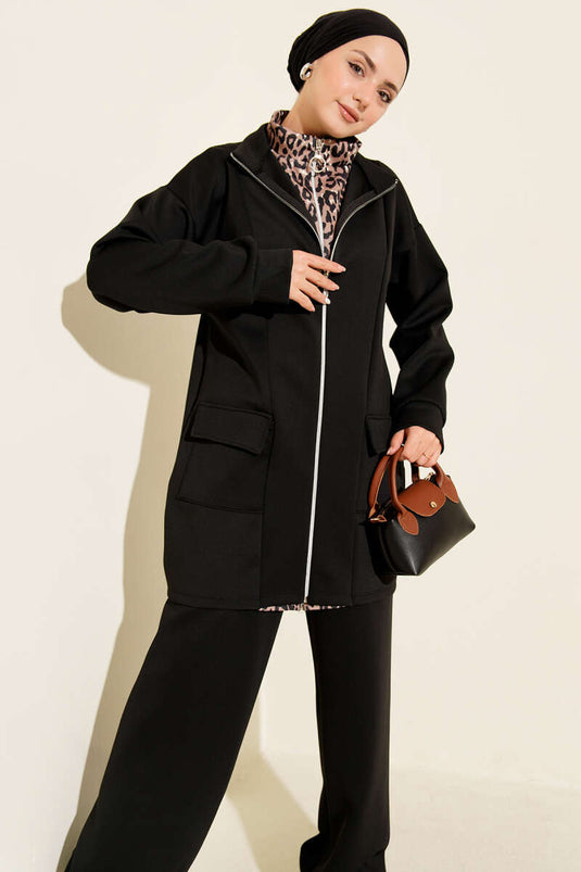 بدلة غوص من قطعتين بسحاب وطبعة جلد النمر من المنك الأسود