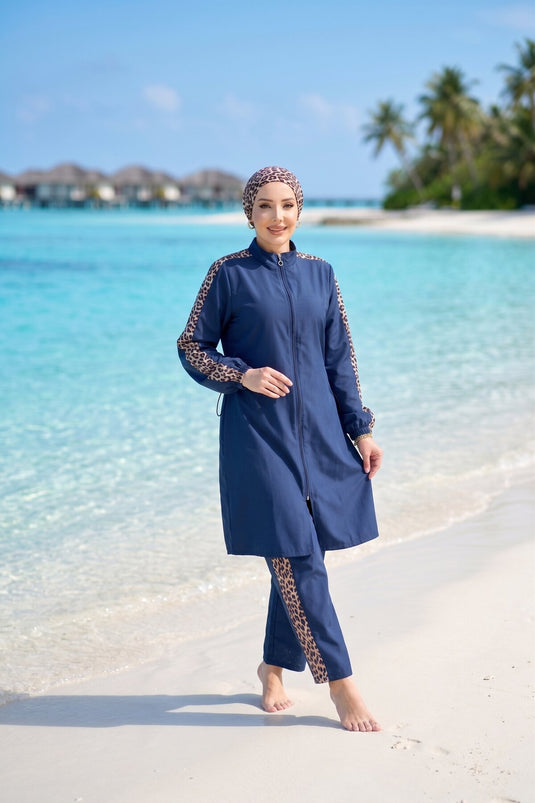Leopard Pattern Zippered Modest Swimwear Three-Piece Set Navy Blue