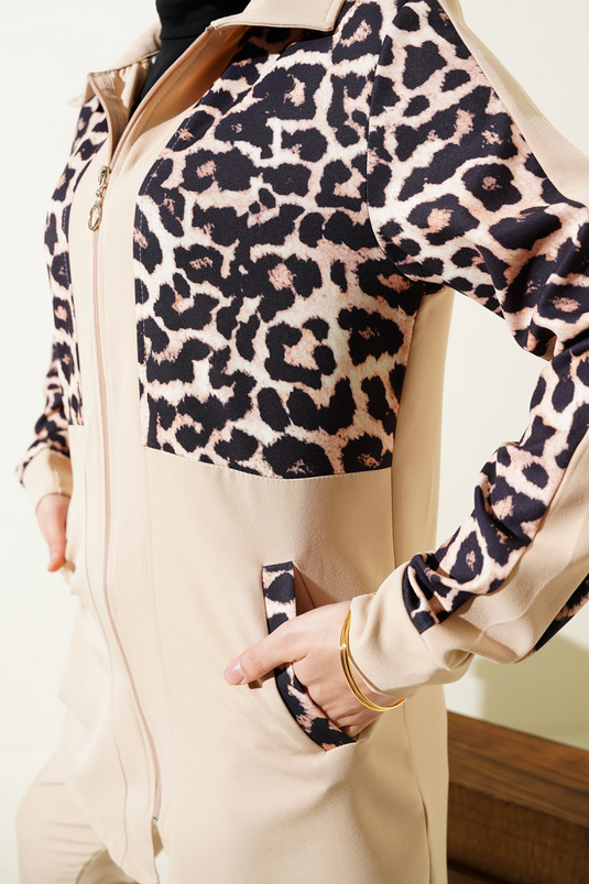 Leopard Print Cardigan Two-Piece Set, Beige