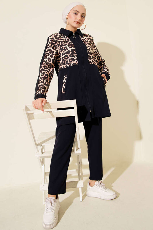 Ensemble double avec cardigan à motif léopard Bleu marine