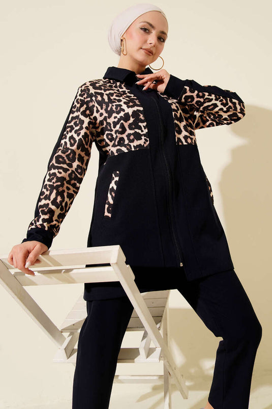 Ensemble double avec cardigan à motif léopard Bleu marine