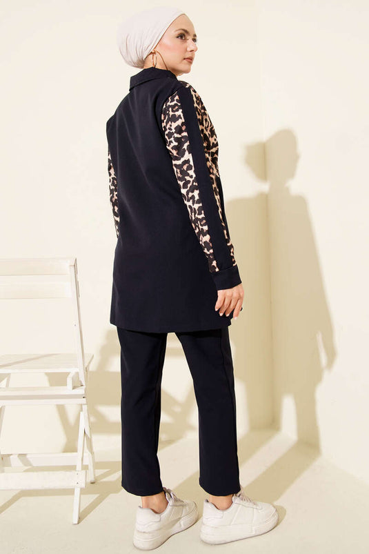 Ensemble double avec cardigan à motif léopard Bleu marine