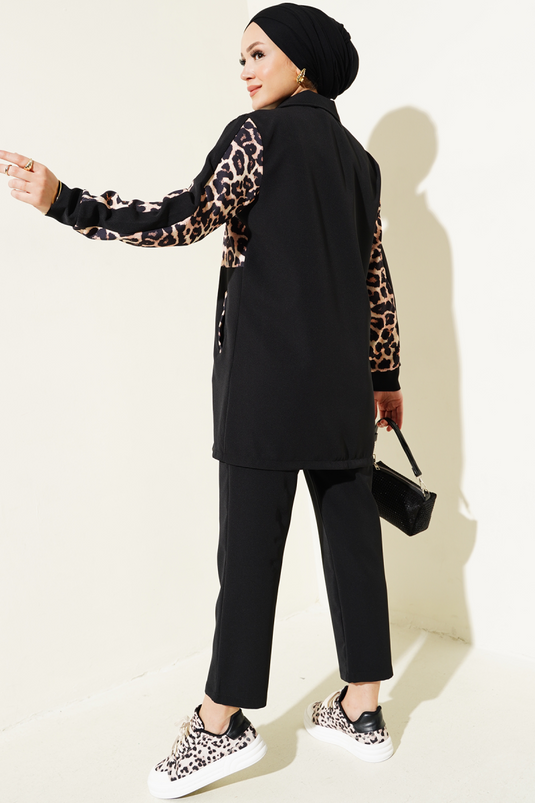 Leopard Print Cardigan Two-Piece Set, Black