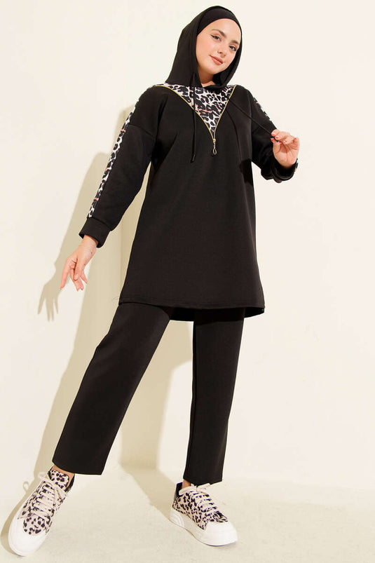 Leopard Garnished Hooded Two-Piece Suit Black