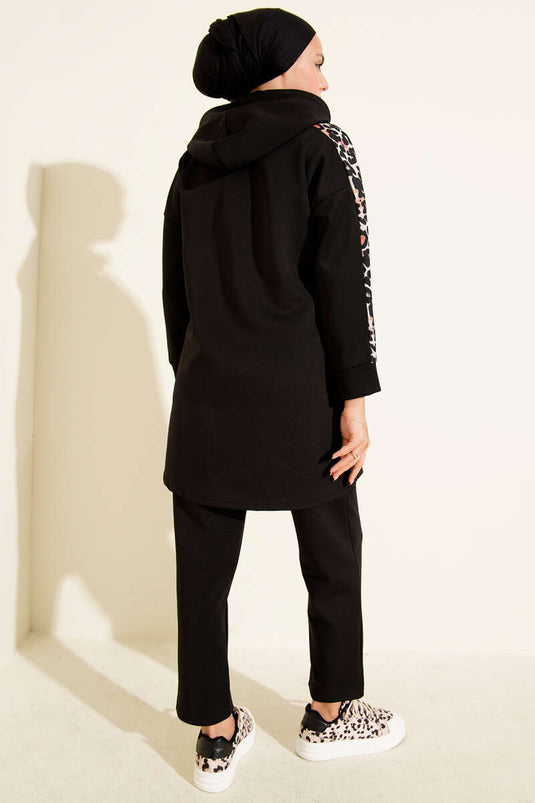 Leopard Garnished Hooded Two-Piece Suit Black