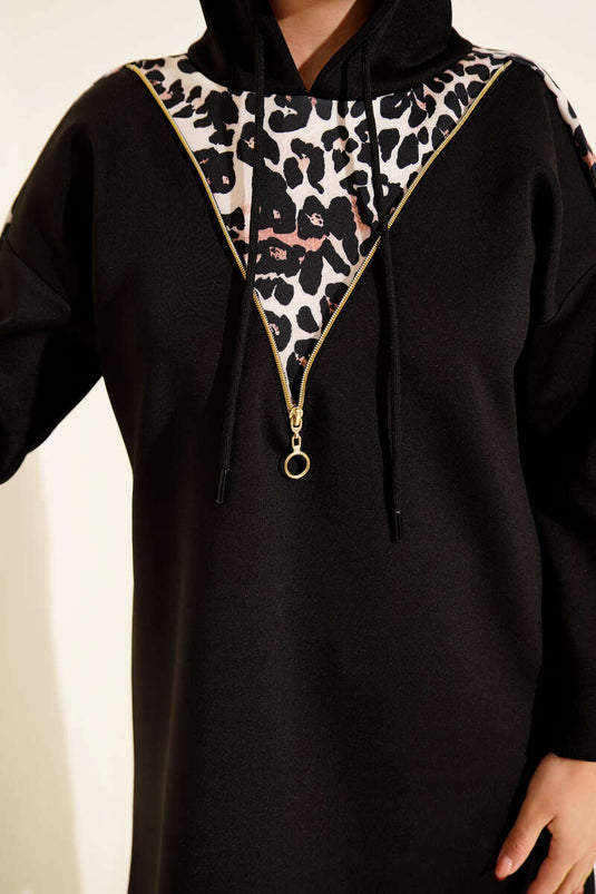 Leopard Garnished Hooded Two-Piece Suit Black
