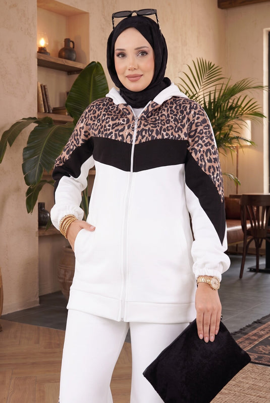 Conjunto Con Capucha De Punto Leopardo En Crudo