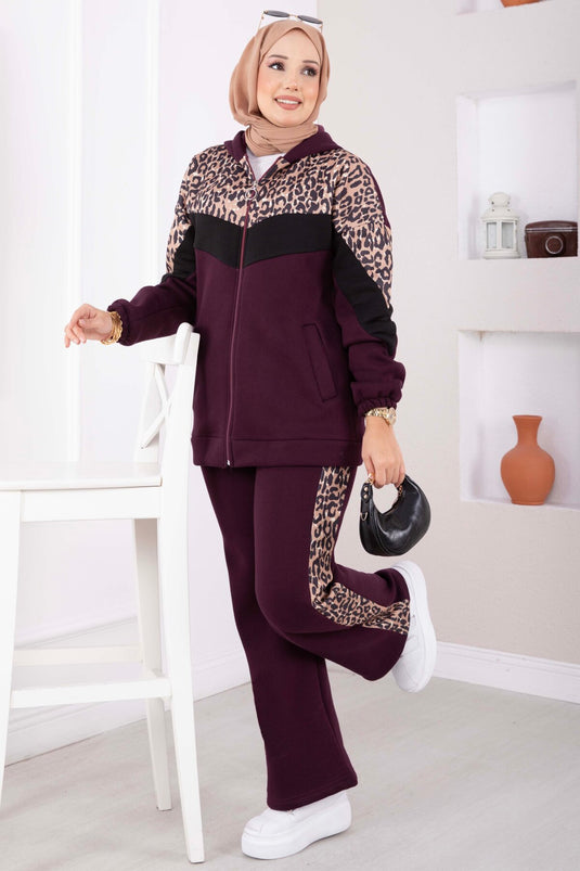 Ensemble À Capuche En Maille Léopard Mauve