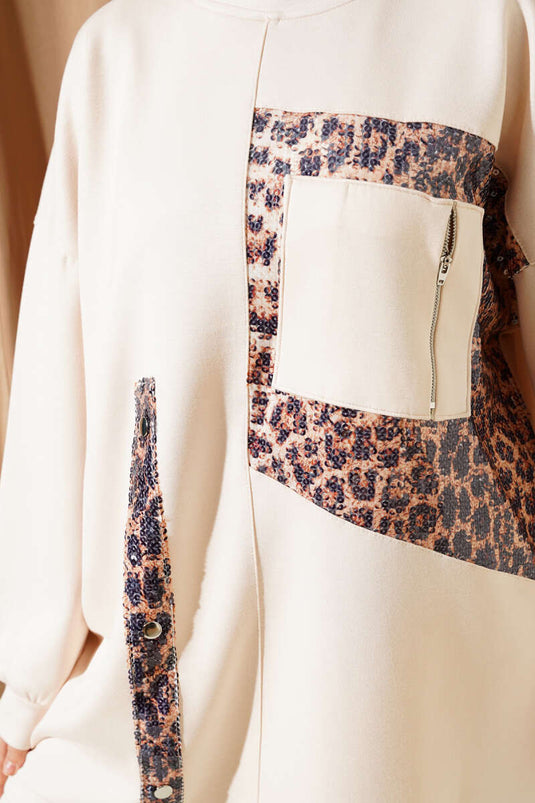 Beige Two-Piece Set with Leopard Pattern and Sequins