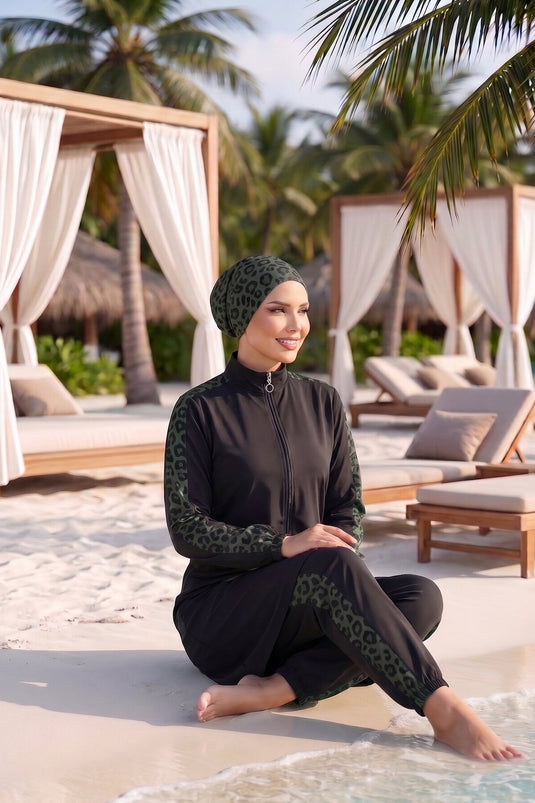 Modest Olijfgroene Badpak Met Luipaarddetail