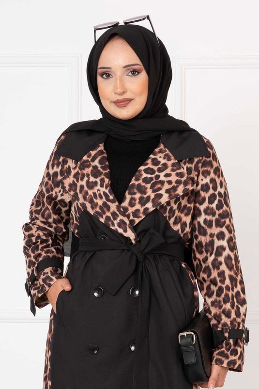 Leopard Print Trench Coat Black