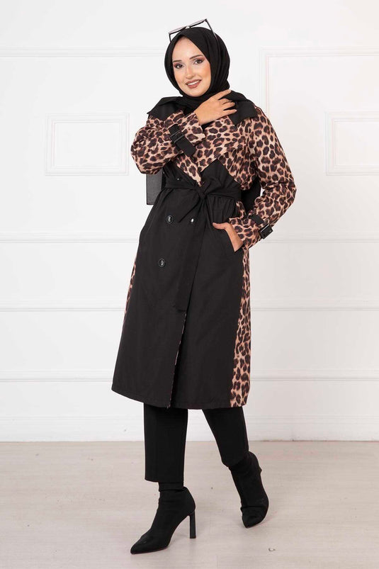 Leopard Print Trench Coat Black