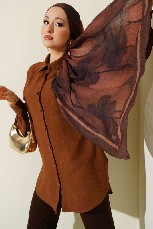 Chemise à manches ballon en jacquard léopard marron