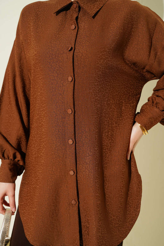 Chemise à manches ballon en jacquard léopard marron