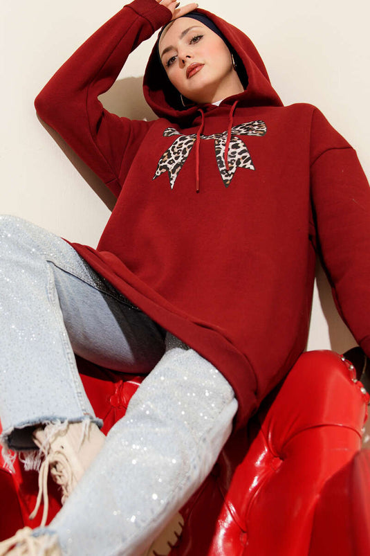 Leopar Kurdele Baskılı Üç İplik Sweatshirt Bordo