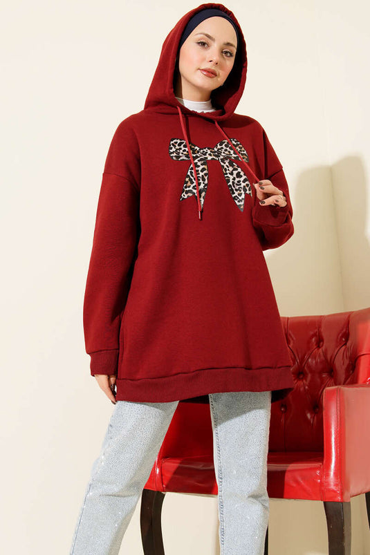 Leopar Kurdele Baskılı Üç İplik Sweatshirt Bordo