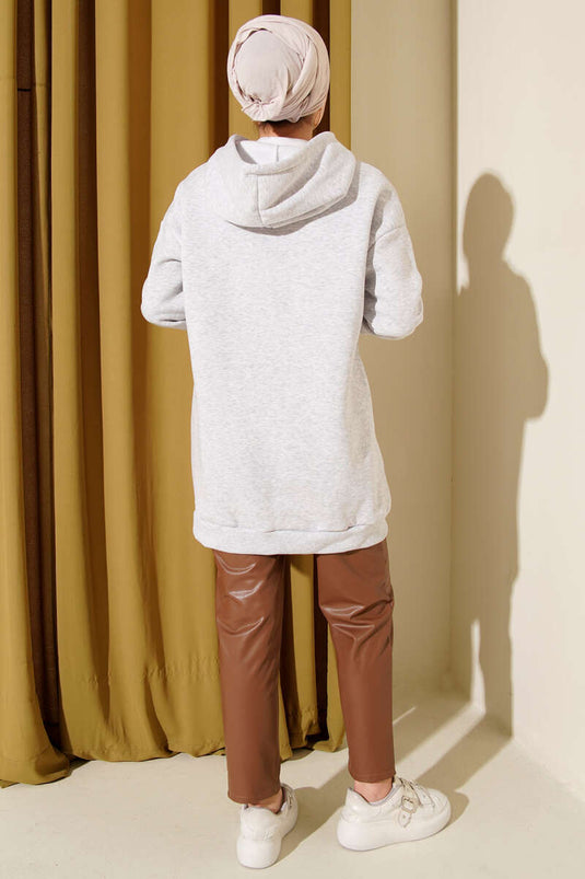 Leopar Kurdele Baskılı Üç İplik Sweatshirt Gri